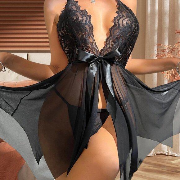 2/$30 2 Pcs Black Lace Sheer Lingerie Set with Panties Sheer Nightwear Babydoll - Picture 1 of 10